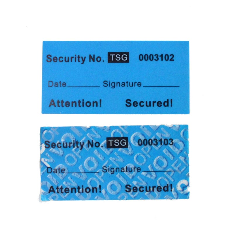 TamperSeals Group - 100pcs Non Transfer Tamper Resistant Security Warranty Void Labels/Stickers/Seals (Blue, 1 x 2 inches, Unique Nnumbers) - Image 1